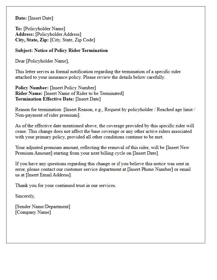 Policy Rider Termination Notice Letter