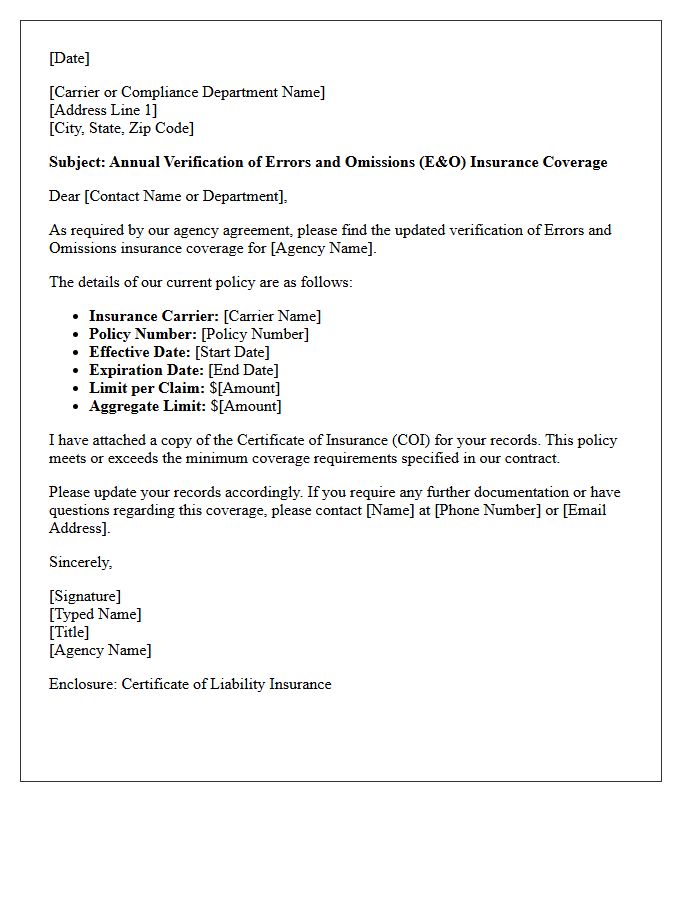 Annual Agency Errors And Omissions Verification Letter