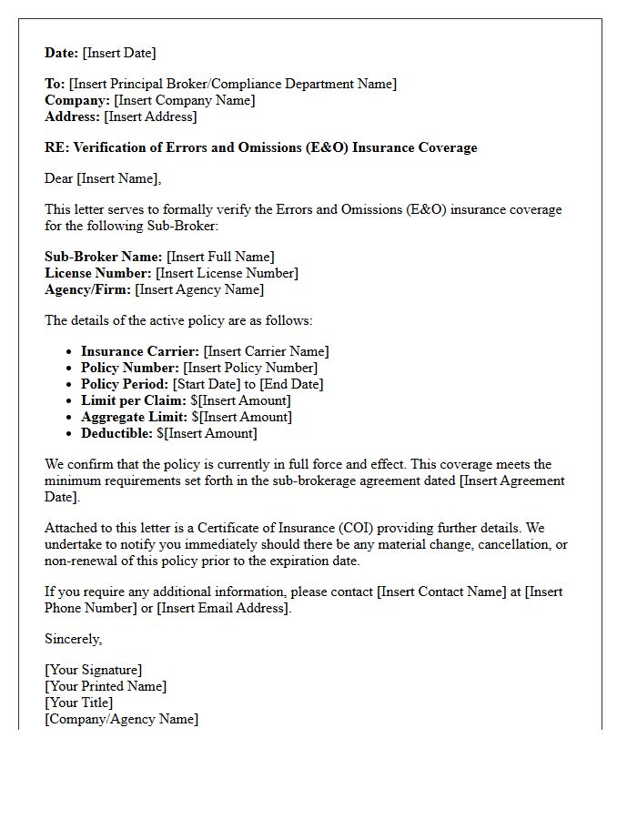 Sub-Broker Errors And Omissions Insurance Verification Letter