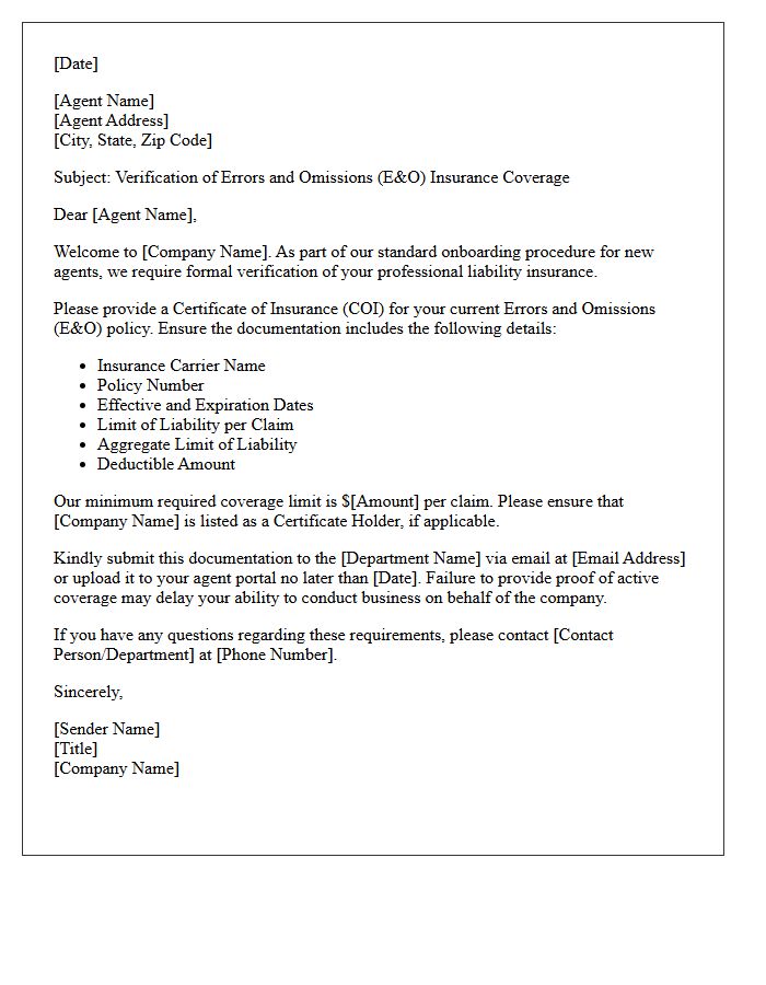 New Agent Errors And Omissions Policy Verification Letter