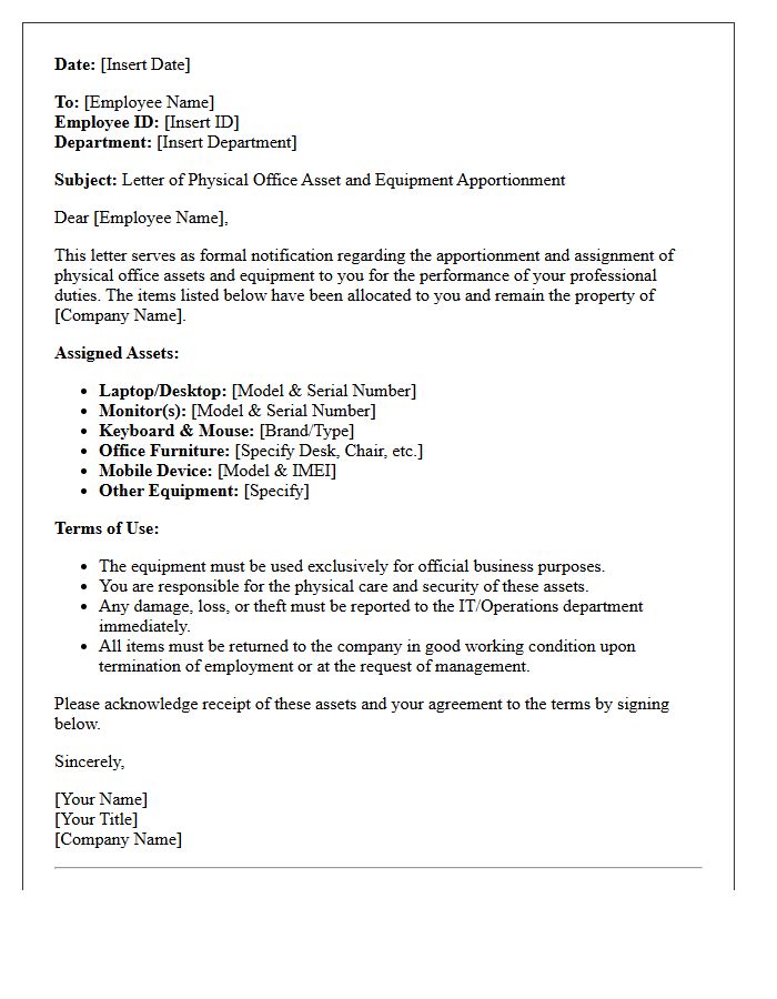 Physical Office Asset And Equipment Apportionment Letter