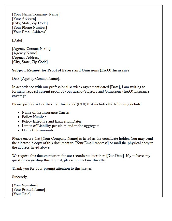 Client Request Letter For Agency Errors And Omissions Proof
