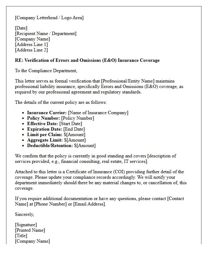Compliance Department Errors And Omissions Verification Letter