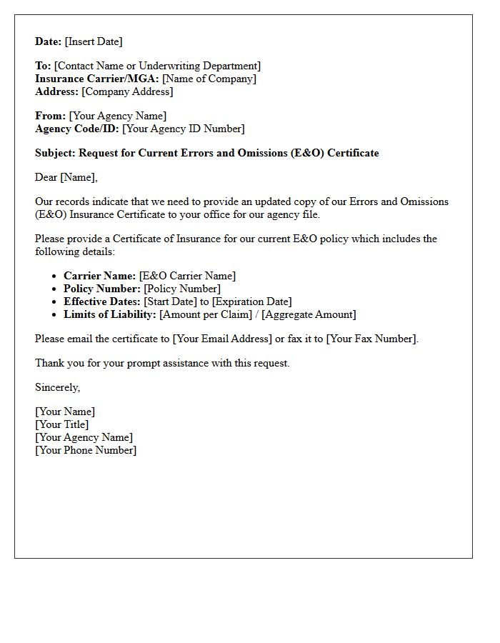 Independent Agency Errors And Omissions Certificate Request Letter