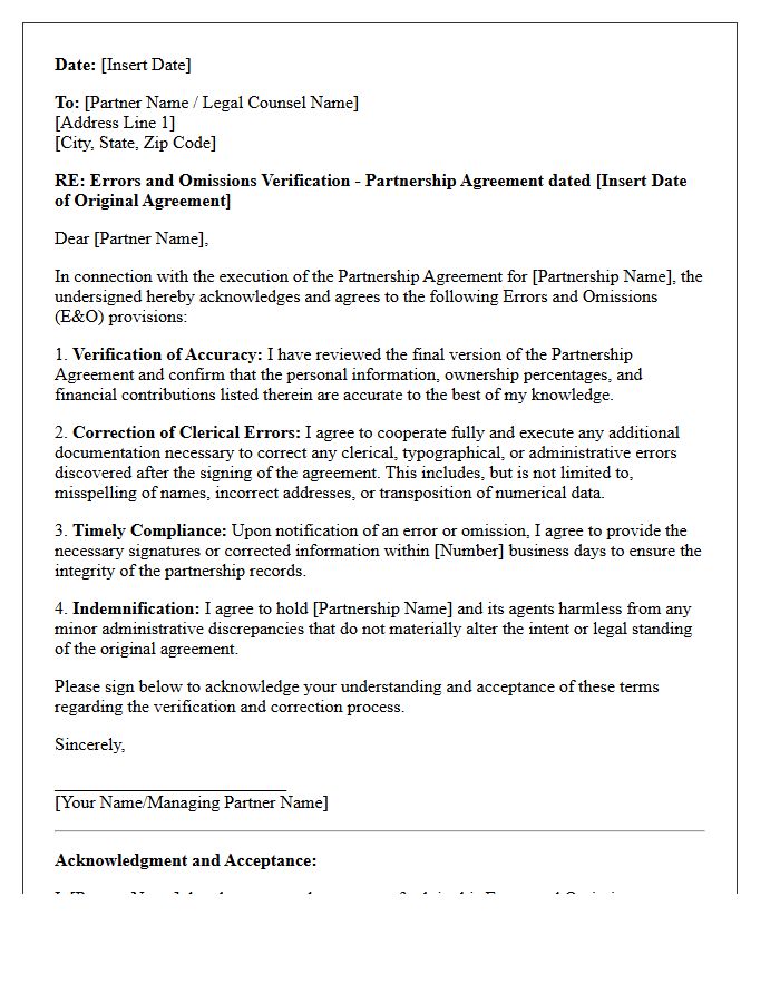 Partnership Agreement Errors And Omissions Verification Letter
