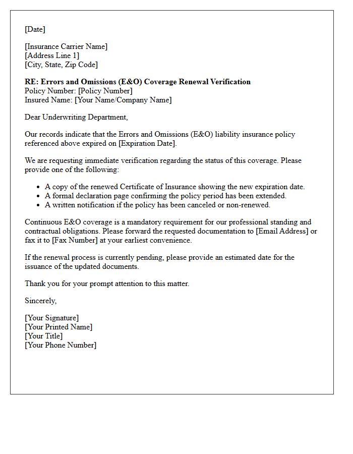 Expired Errors And Omissions Coverage Renewal Verification Letter