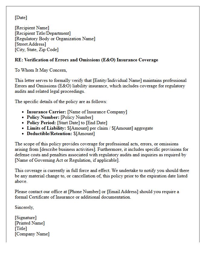 Regulatory Audit Errors And Omissions Coverage Verification Letter