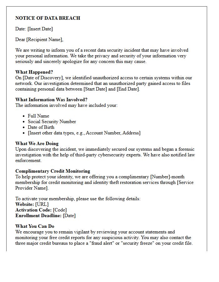 Data Security Breach Letter with Complimentary Credit Monitoring Offer