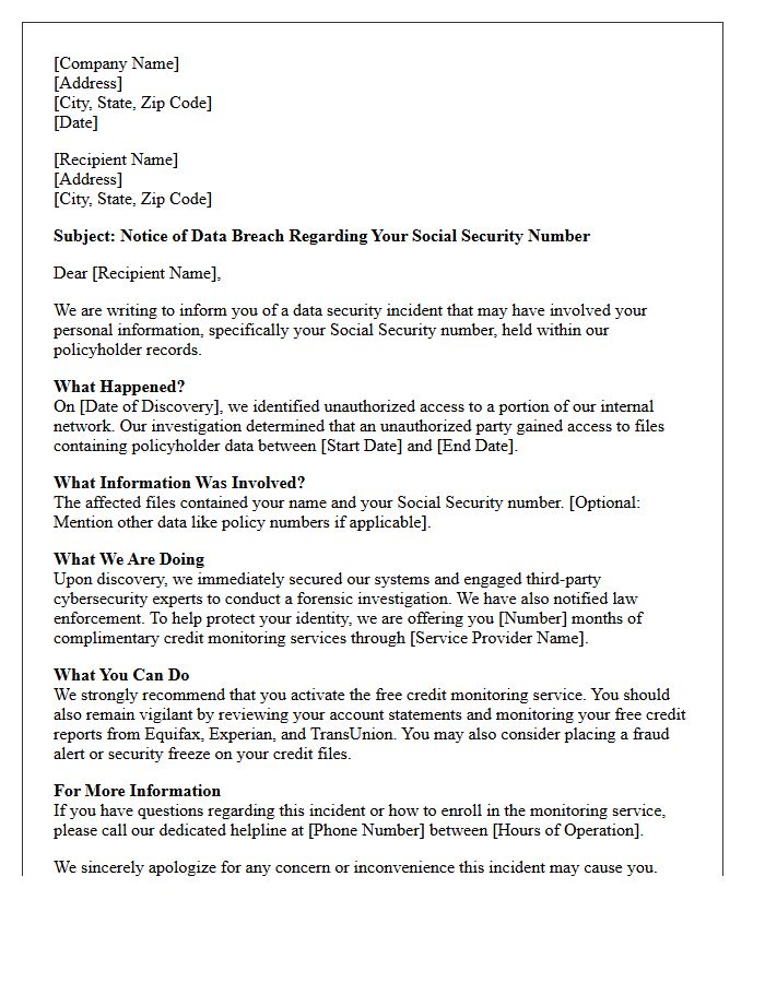 Letter Detailing Breach of Policyholder Social Security Numbers