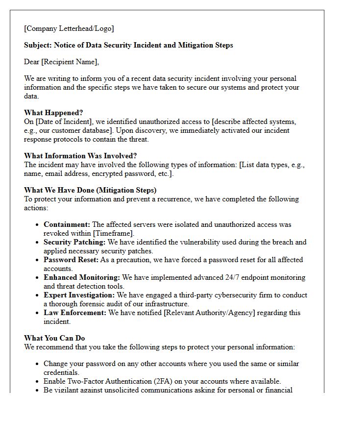 Notice Letter Explaining Mitigation Steps Following Data Security Breach