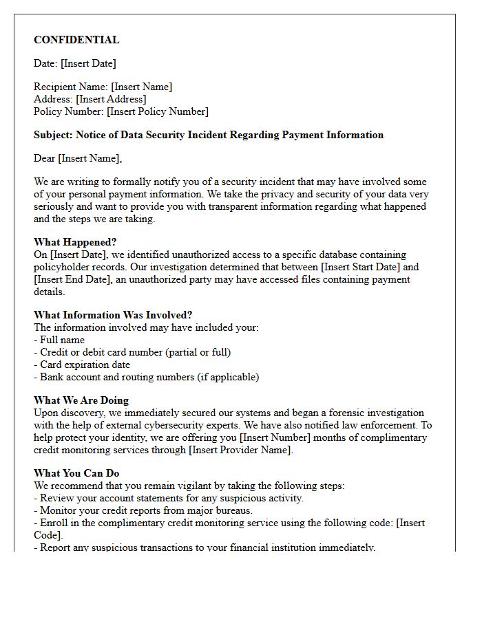 Confidential Letter to Policyholders Regarding Payment Information Exposure