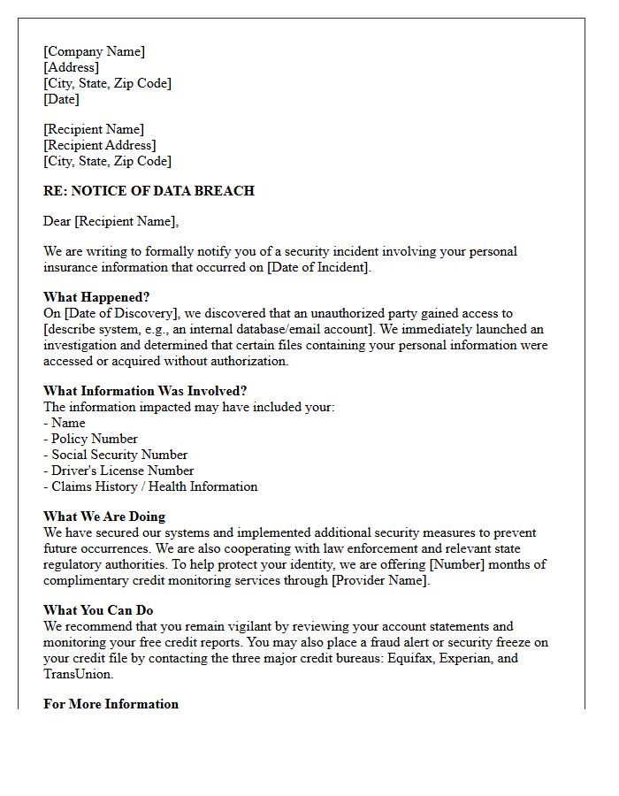Mandatory State Notification Letter for Insurance Data Breach