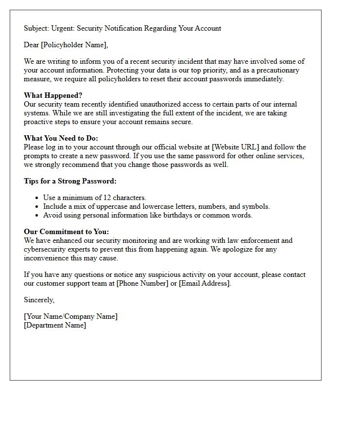 Letter Advising Policyholders on Password Reset Following Security Breach