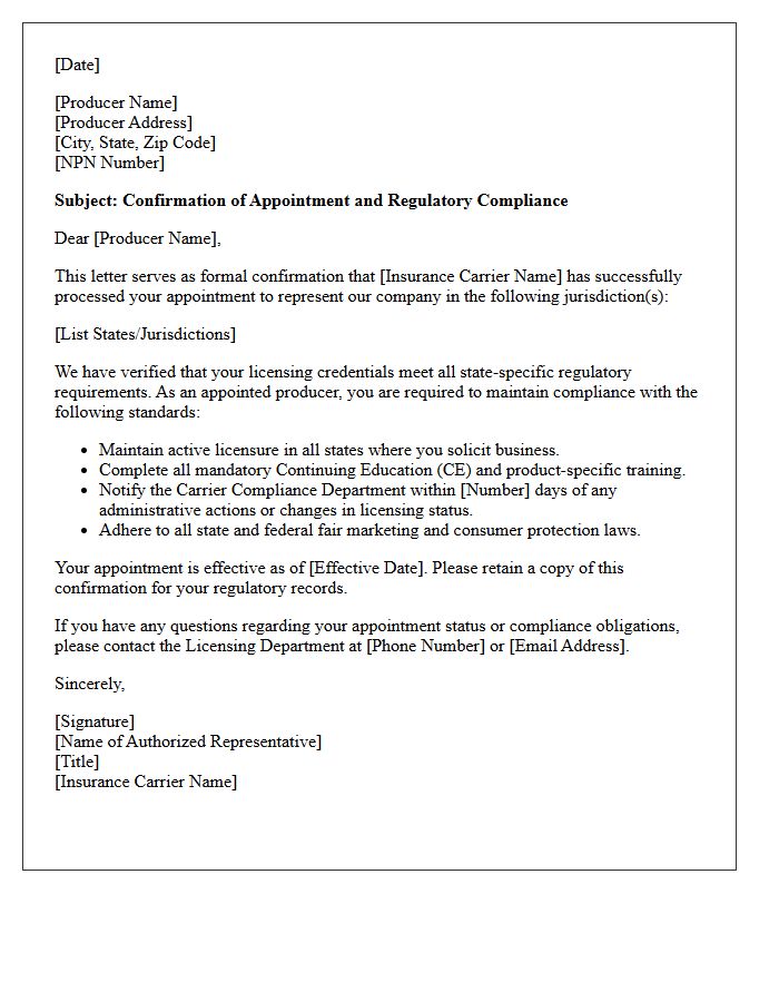 Carrier Producer Appointment Compliance Confirmation Letter