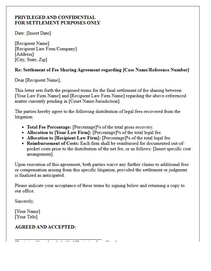 Pending Litigation Fee Sharing Settlement Letter