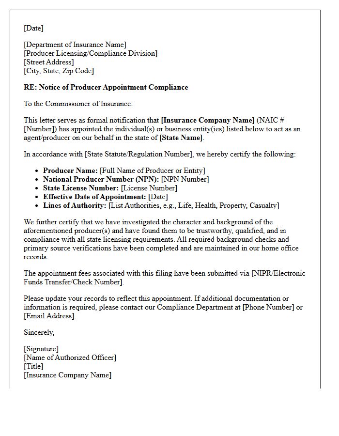 State Department Producer Appointment Compliance Letter