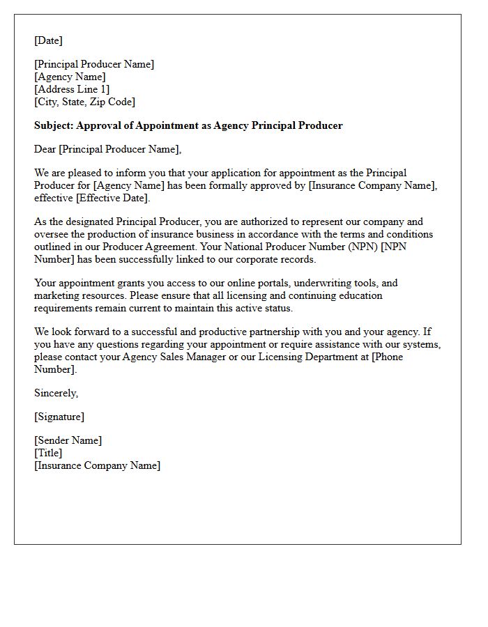 Agency Principal Producer Appointment Approval Letter