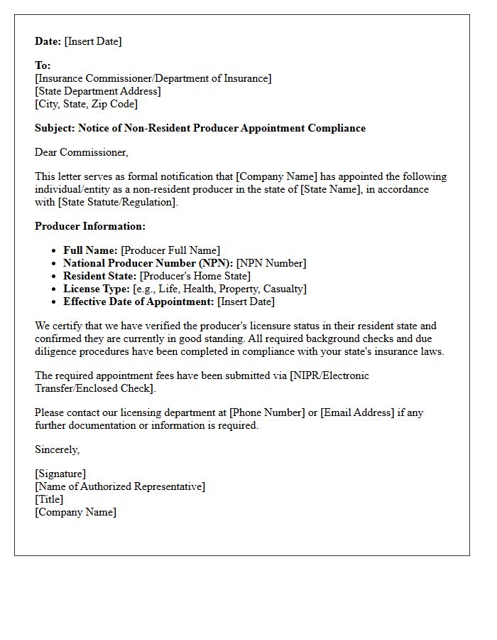 Non-Resident Producer Appointment Compliance Letter