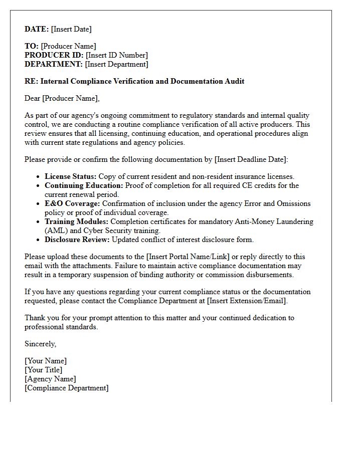 Internal Agency Producer Compliance Verification Letter