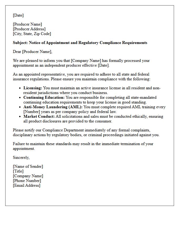 Independent Producer Appointment Compliance Letter