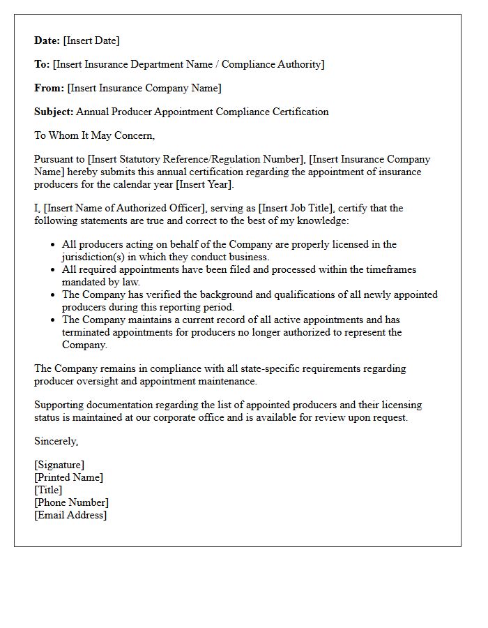 Annual Producer Appointment Compliance Certification Letter