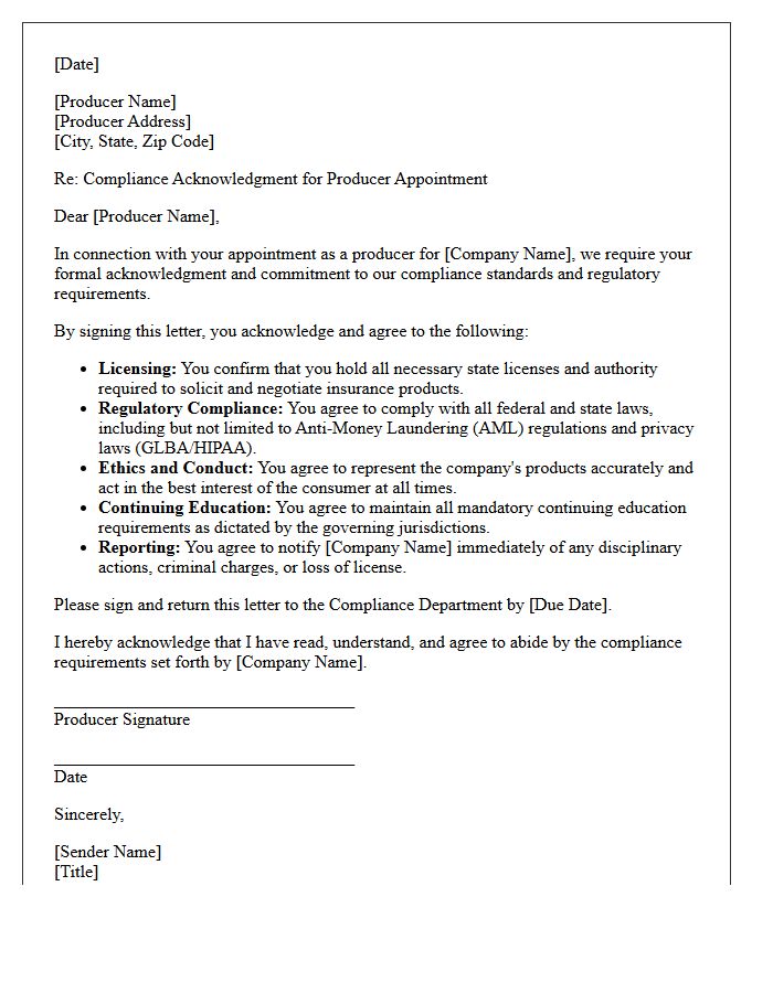 New Producer Appointment Compliance Acknowledgment Letter