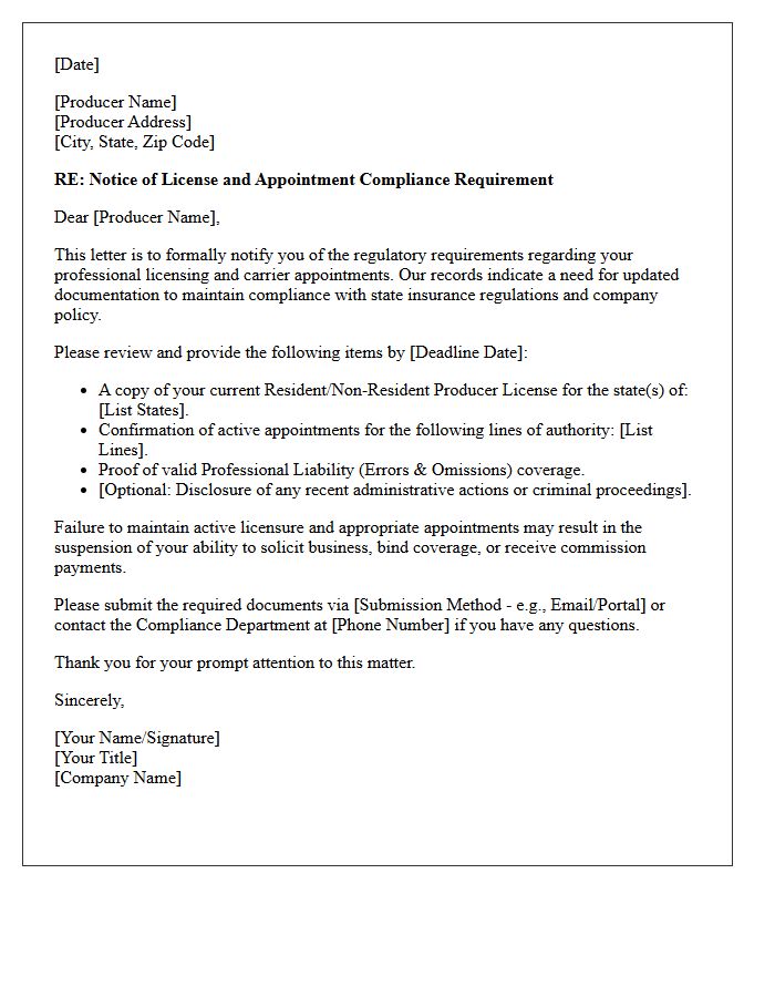 Producer License and Appointment Compliance Letter