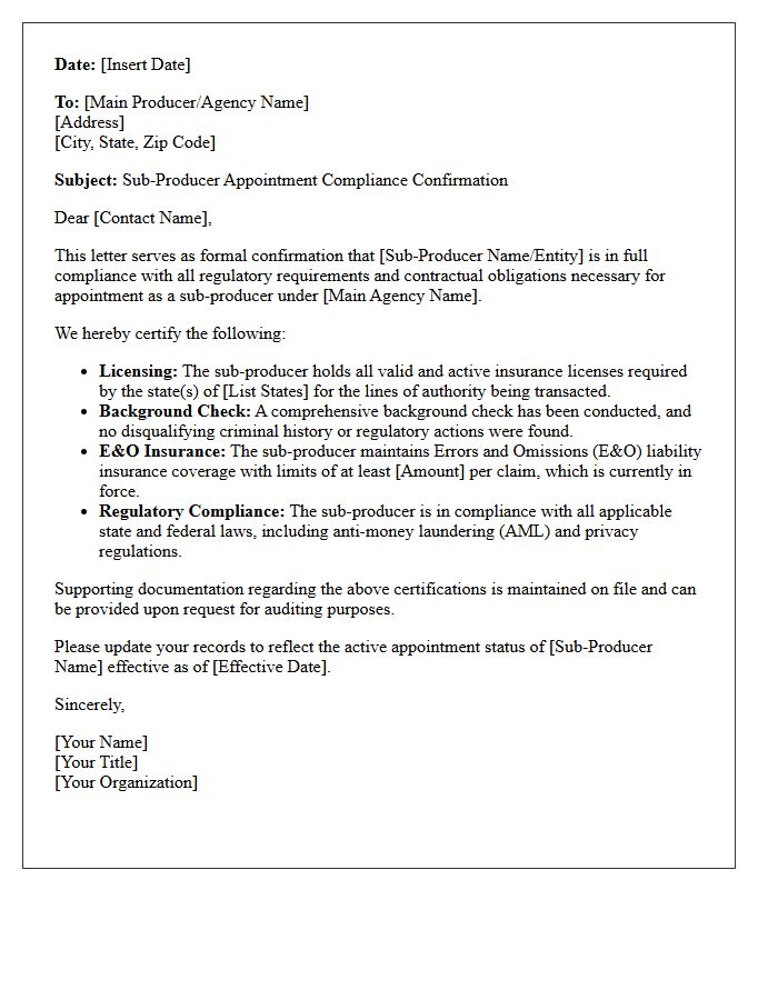Sub-Producer Appointment Compliance Confirmation Letter