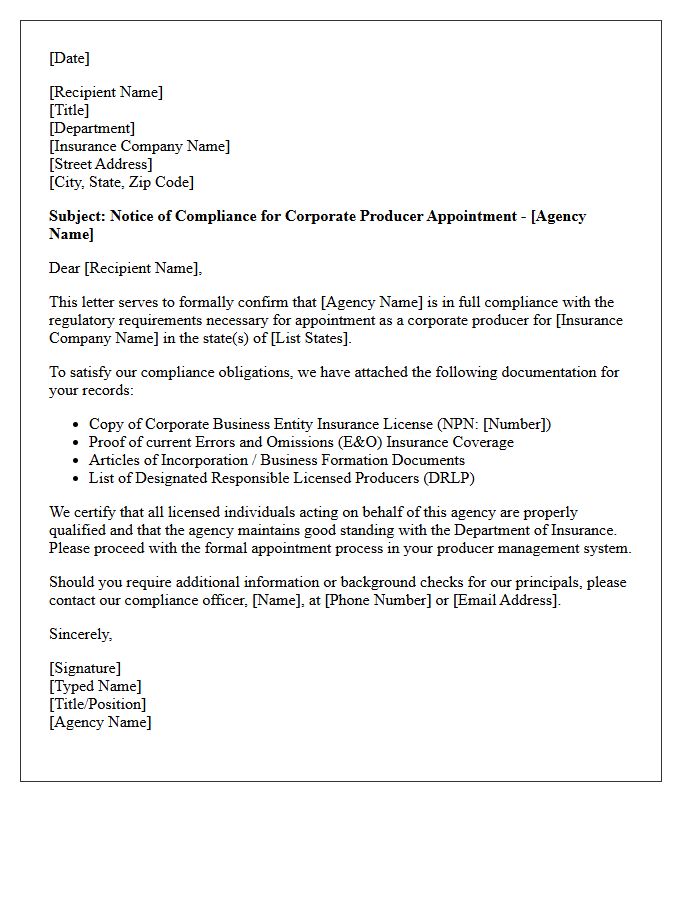 Corporate Producer Appointment Compliance Letter