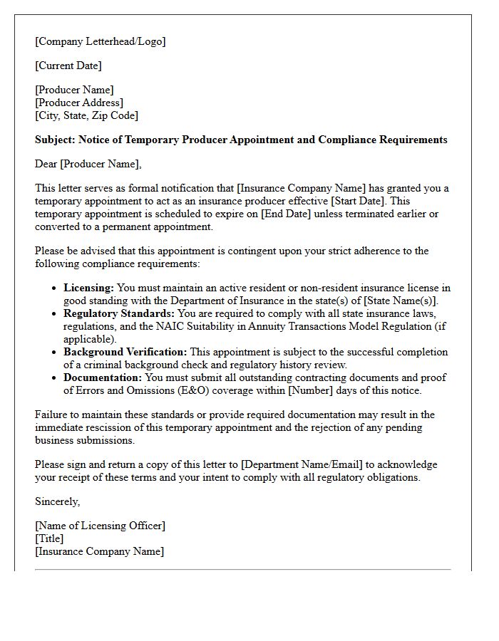 Temporary Producer Appointment Compliance Letter