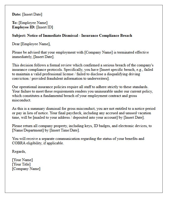 Immediate Dismissal Letter Due To Insurance Compliance Breach