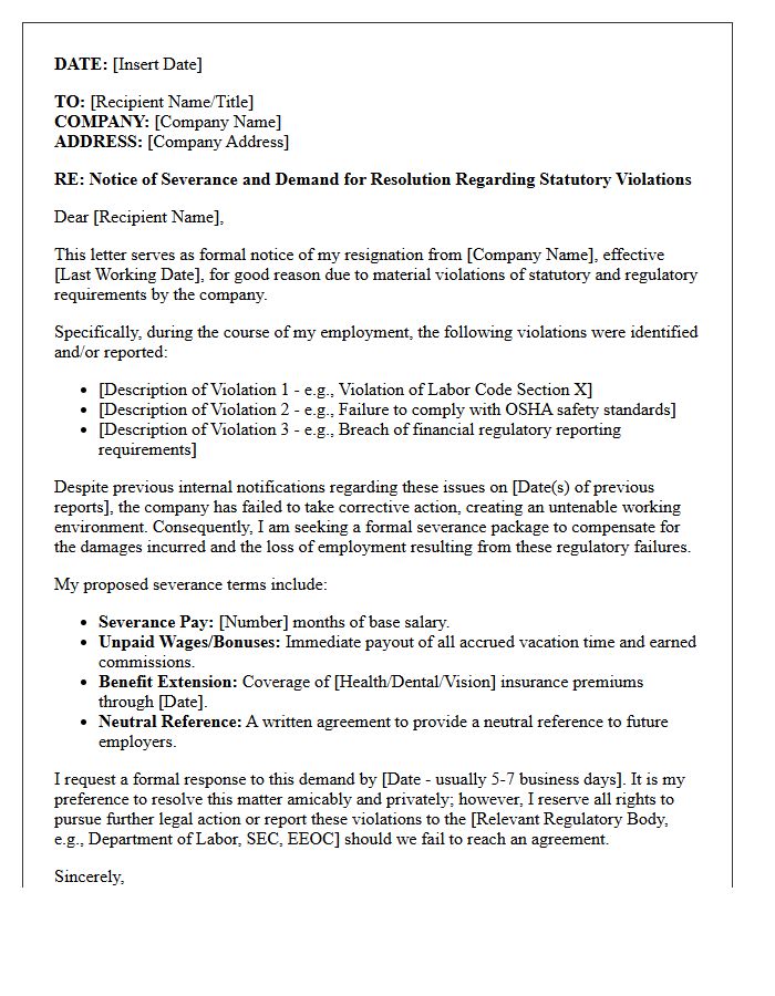 Formal Severance Letter For Statutory Regulatory Violations