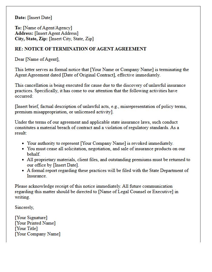 Agent Agreement Cancellation Letter For Unlawful Insurance Practices