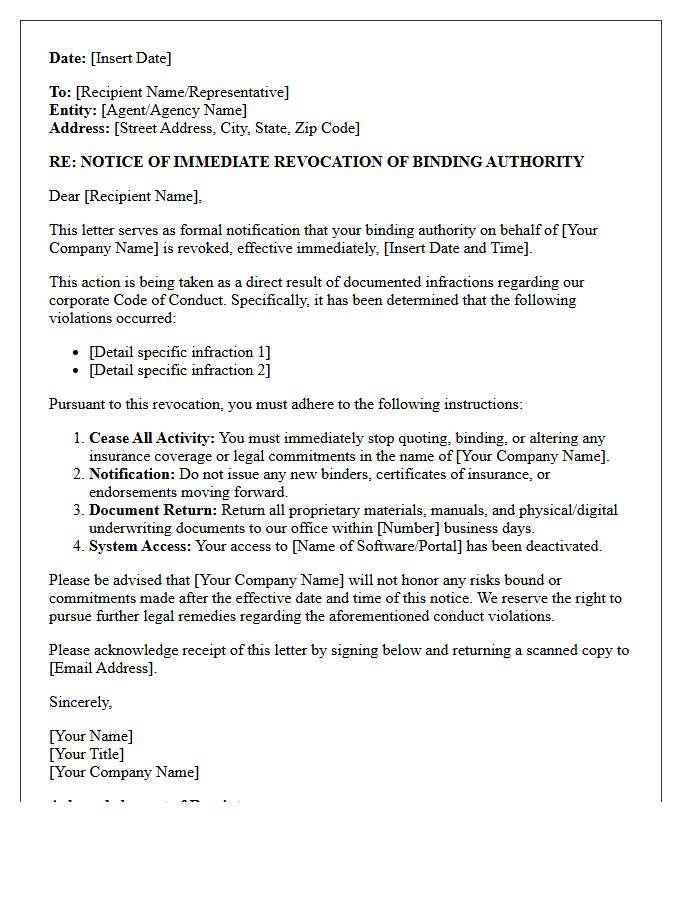 Binding Authority Revocation Letter For Code Of Conduct Infractions
