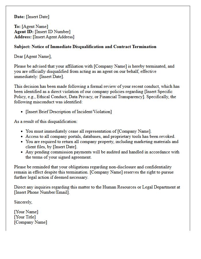 Immediate Agent Disqualification Letter Due To Policy Misconduct