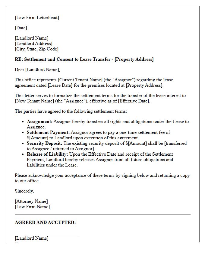 Law Firm Real Estate Lease Transfer Settlement Letter