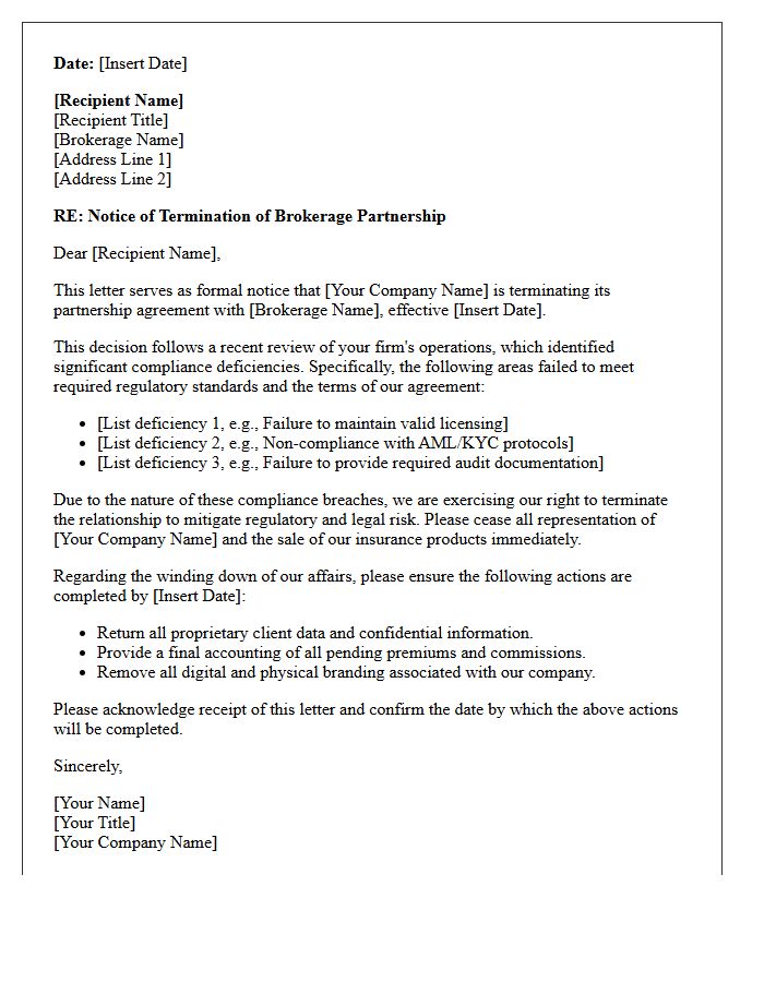 Insurance Brokerage Partnership Termination Letter For Compliance Deficiencies