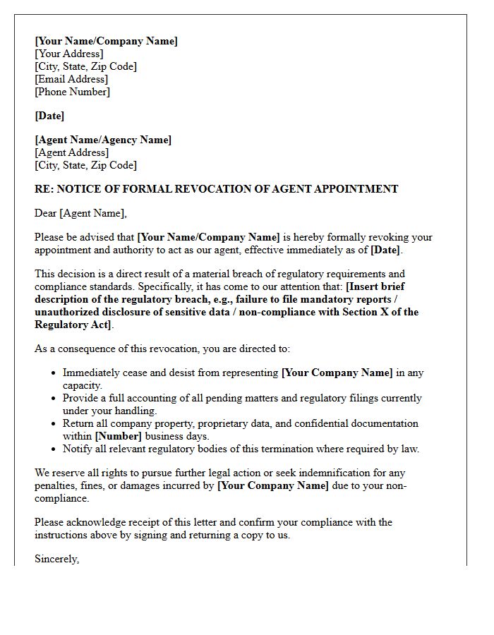 Formal Revocation Letter Of Agent Appointment For Regulatory Breach