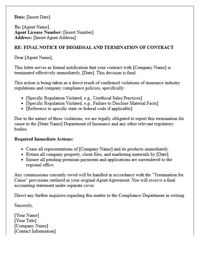 Final Notice Of Agent Dismissal Letter For Insurance Regulation Violations
