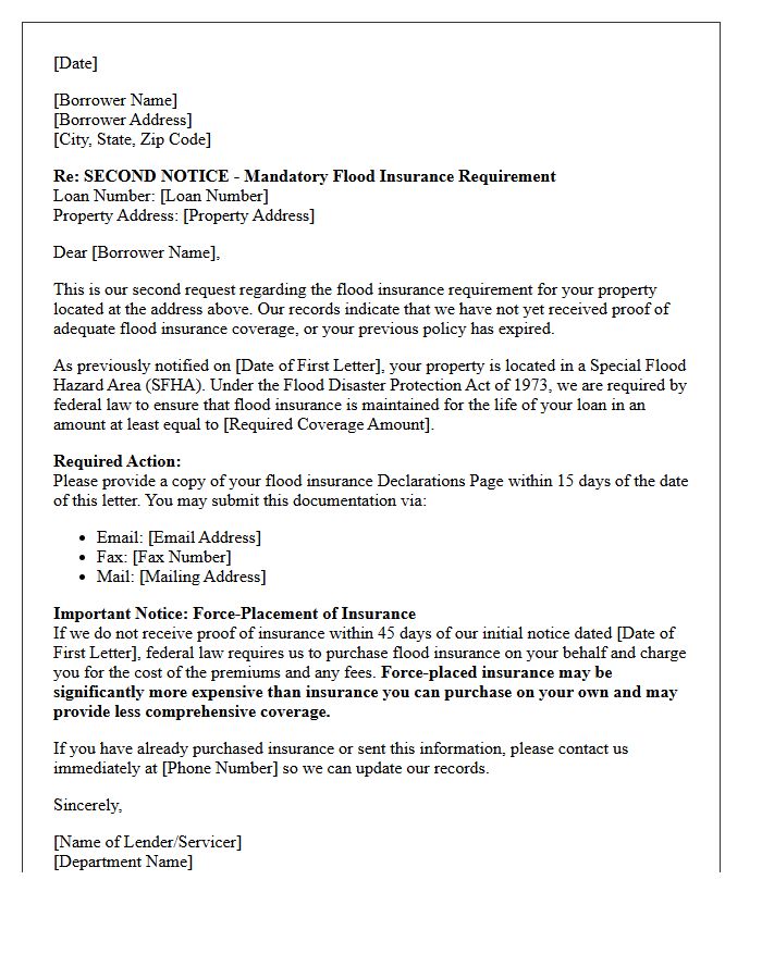 Second Request for Mandatory Flood Insurance Purchase Letter