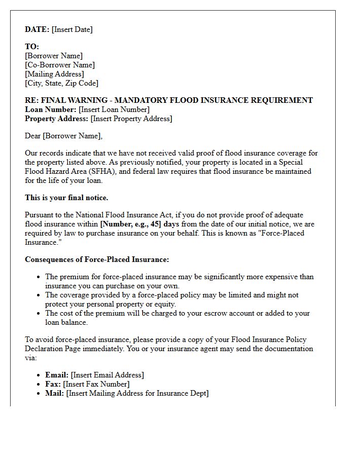 Final Warning of Mandatory Flood Insurance Requirement Letter