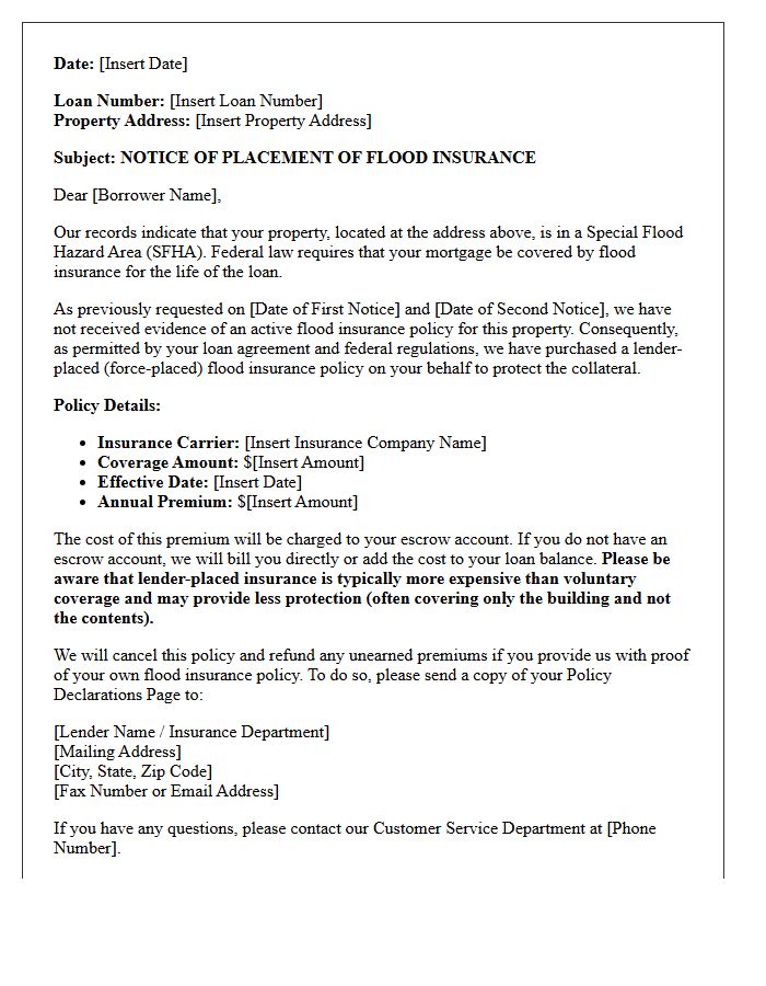 Lender Required Flood Insurance Placement Letter