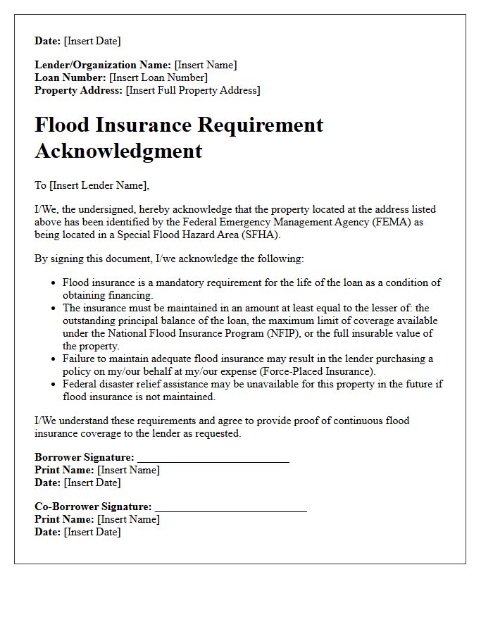 Flood Insurance Requirement Acknowledgment Letter