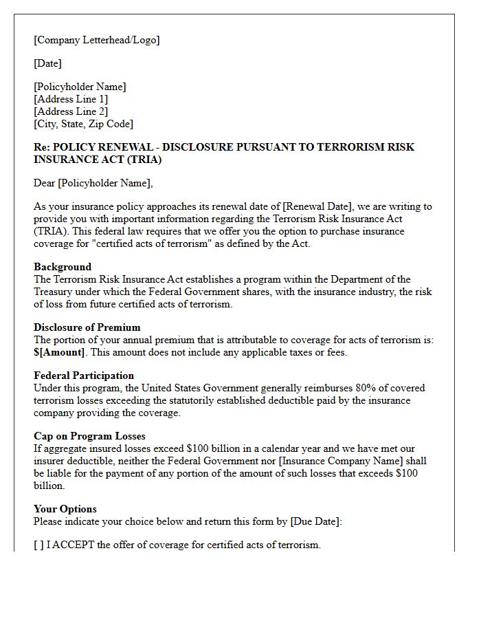 Annual TRIA Renewal Notice Letter