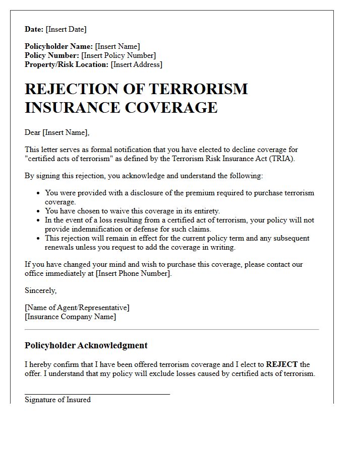 Terrorism Risk Coverage Rejection Letter