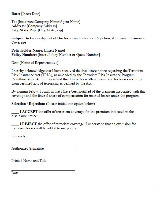 Insured Acknowledgment of TRIA Offer Letter