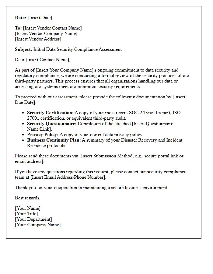 Initial Vendor Data Security Compliance Request Letter