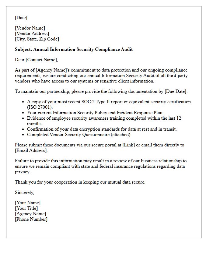 Annual Insurance Agency Vendor Information Security Audit Letter