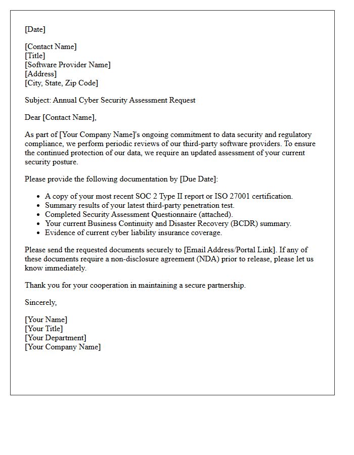 Third-Party Software Provider Cyber Security Assessment Letter