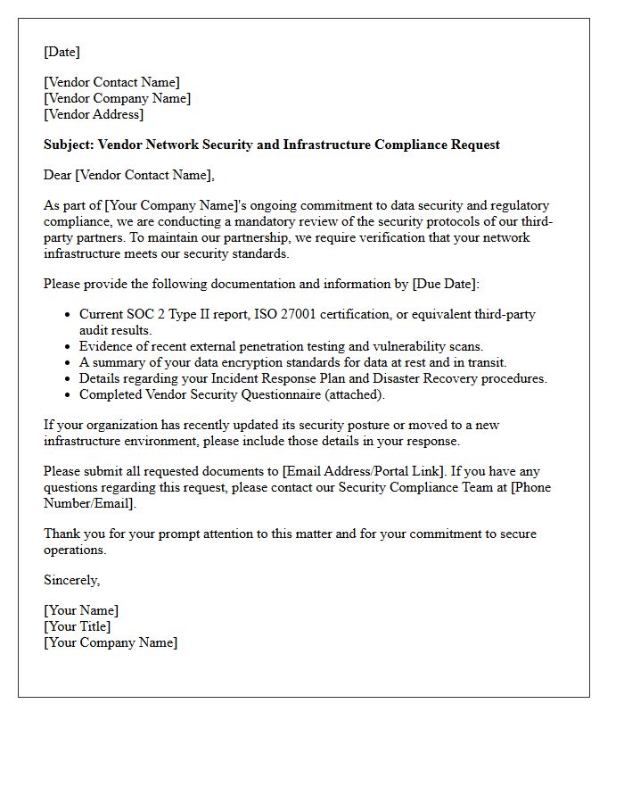 Vendor Network Security and Infrastructure Compliance Request Letter